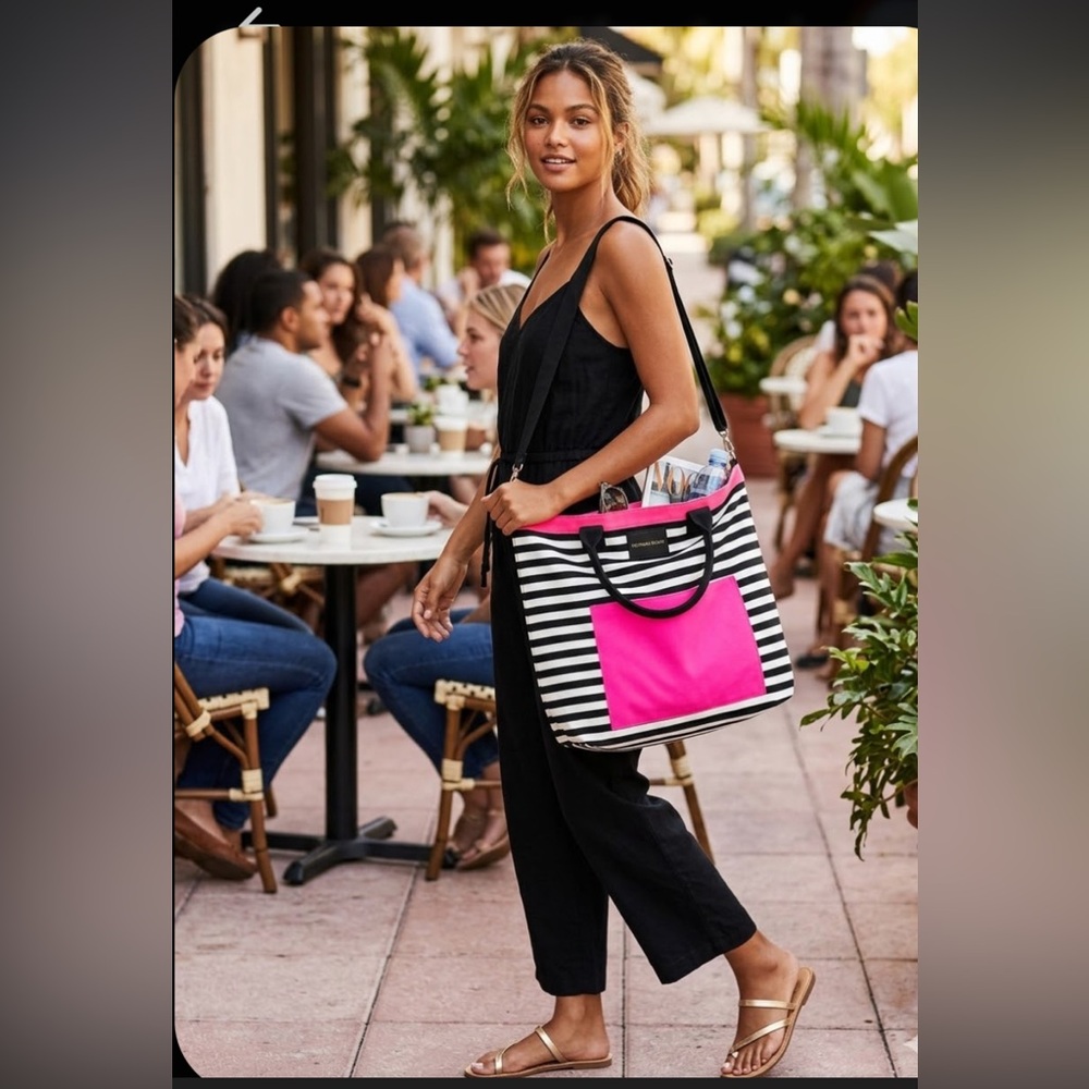 Victoria's Secret Black & White Striped Tote with Bright Pink Pocket